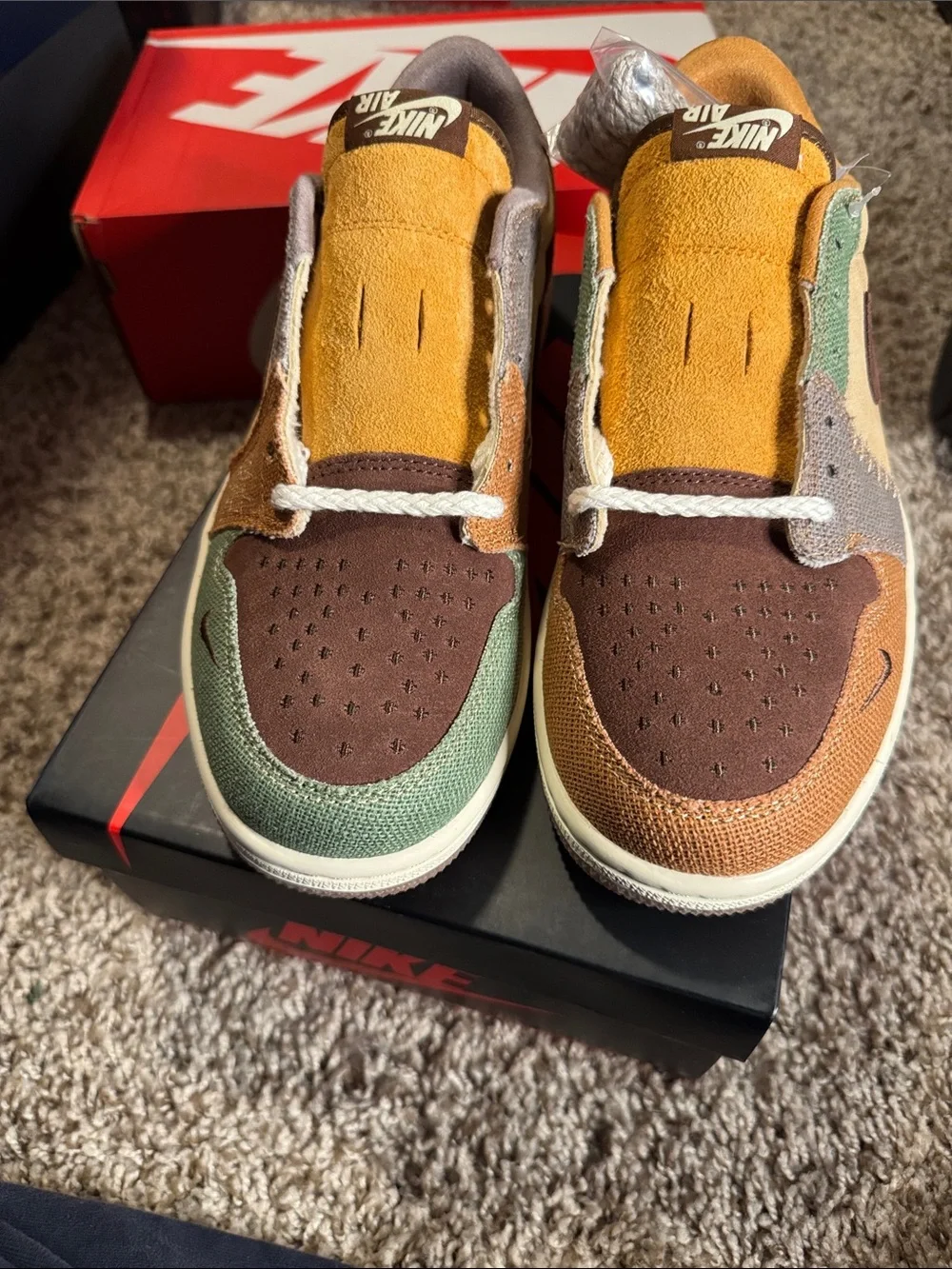 Jordan Men's Multicolor Patchwork Low-Top Sneakers - Brown/Green/Yellow/Tan